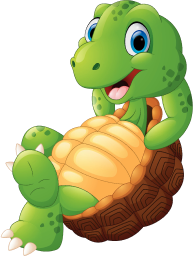 Eine Cartoon-Schildkröte mit grüner Haut und gelb-braunem Panzer liegt fröhlich lächelnd auf dem Rücken, hat ein Bein angehoben und blickt mit großen blauen Augen nach oben.