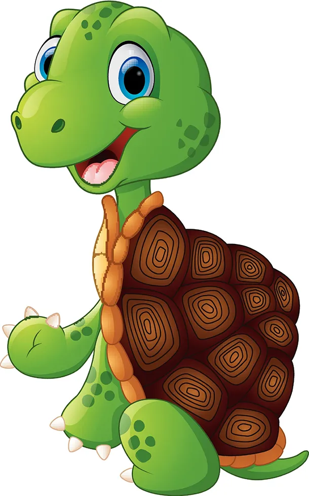Eine fröhliche, grüne Cartoon-Schildkröte mit blauen Augen, einem braun gemusterten Panzer und einem breiten Lächeln, die auf ihren Hinterbeinen steht und mit einem Vorderbein winkt.