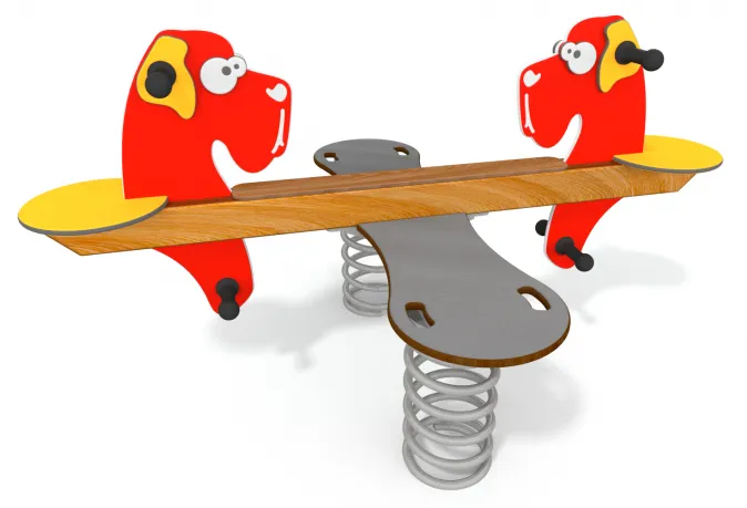 Kinderspielplatzwippe mit zwei Sitzen in Form von roten und gelben Cartoon-Hundeköpfen, montiert auf Metallfedern für die Wippbewegung, hergestellt als Spielplatzgeräte nach DIN EN 1176 für Sicherheit, auf weißem Hintergrund.