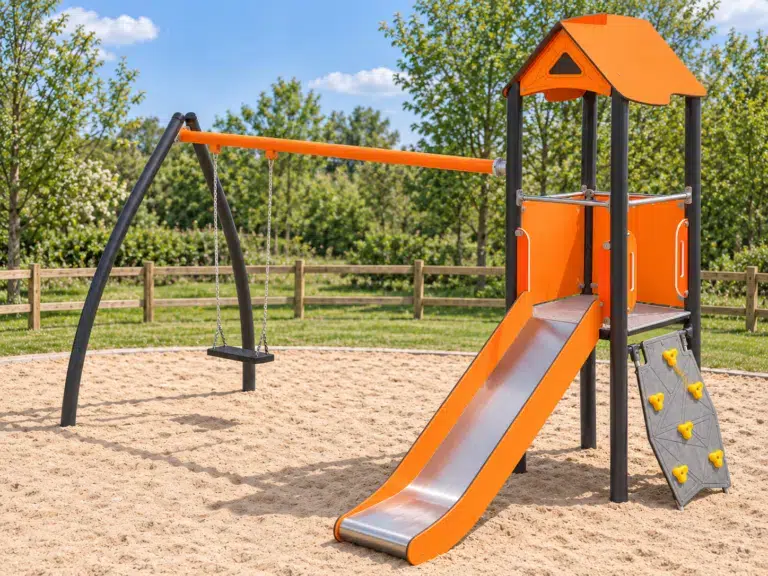 Spielturm mit Schaukel Niklas – 1123 in realistischer Spielplatzszene, Farbvariante energy