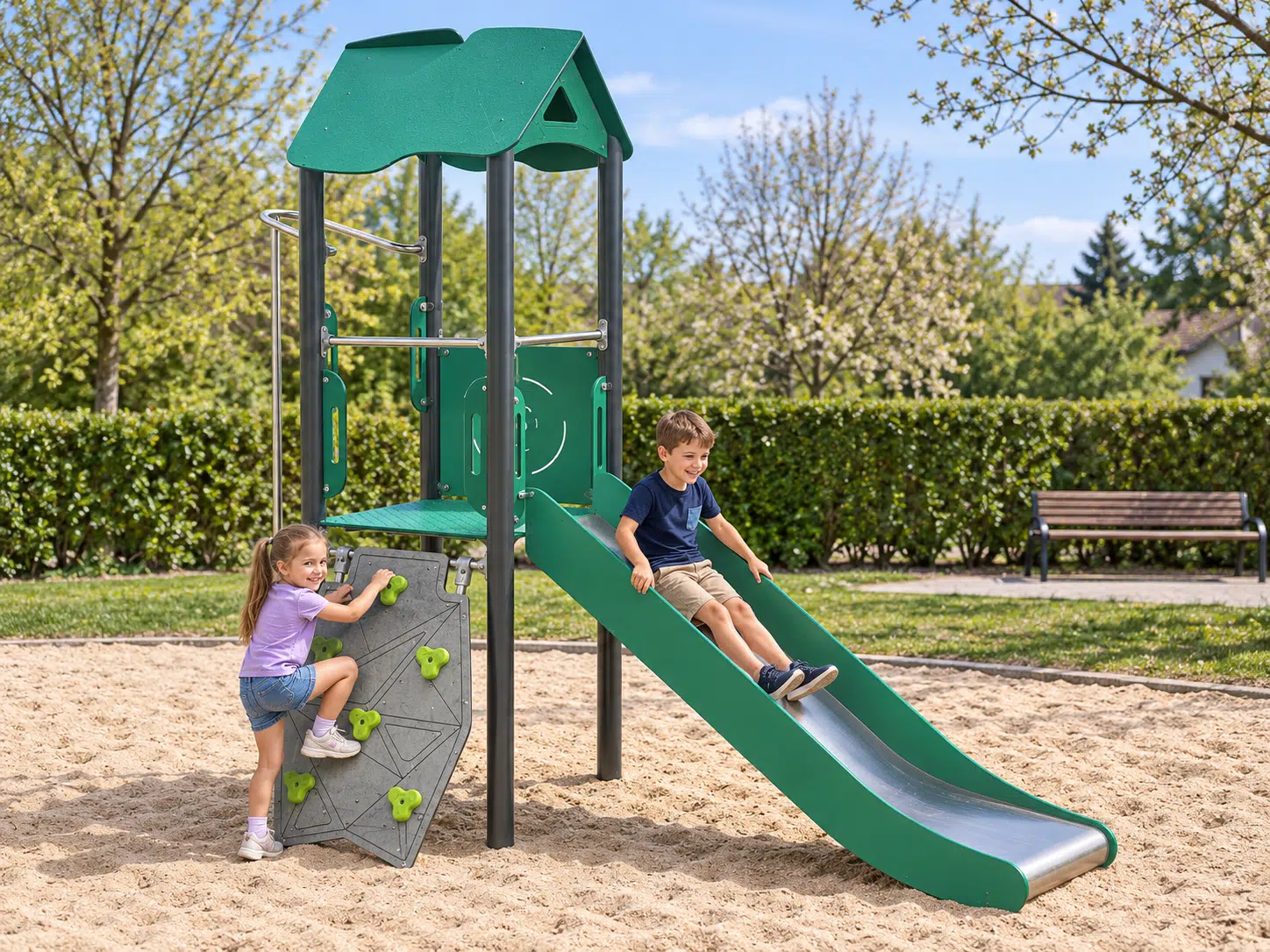 Spielturm Anda – 1132 in realistischer Spielplatzszene, Farbvariante recycled