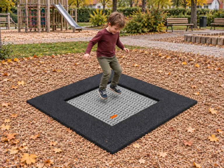 Trampolin 1,36 x 1,36 m auf einem öffentlichen Spielplatz, mit spielenden Kindern