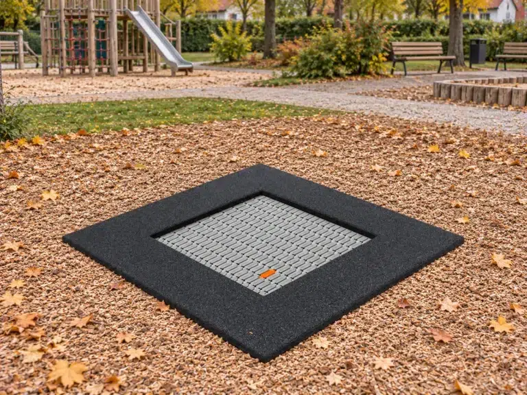 Trampolin 1,36 x 1,36 m auf einem öffentlichen Spielplatz, Ansicht ohne Personen