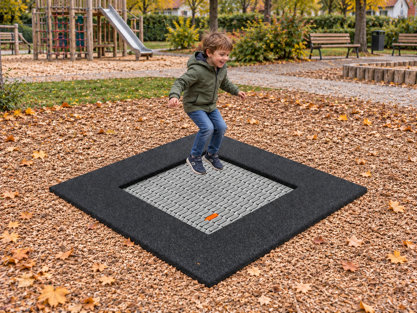 Trampolin 1,36 x 1,36 m auf einem öffentlichen Spielplatz, mit spielenden Kindern